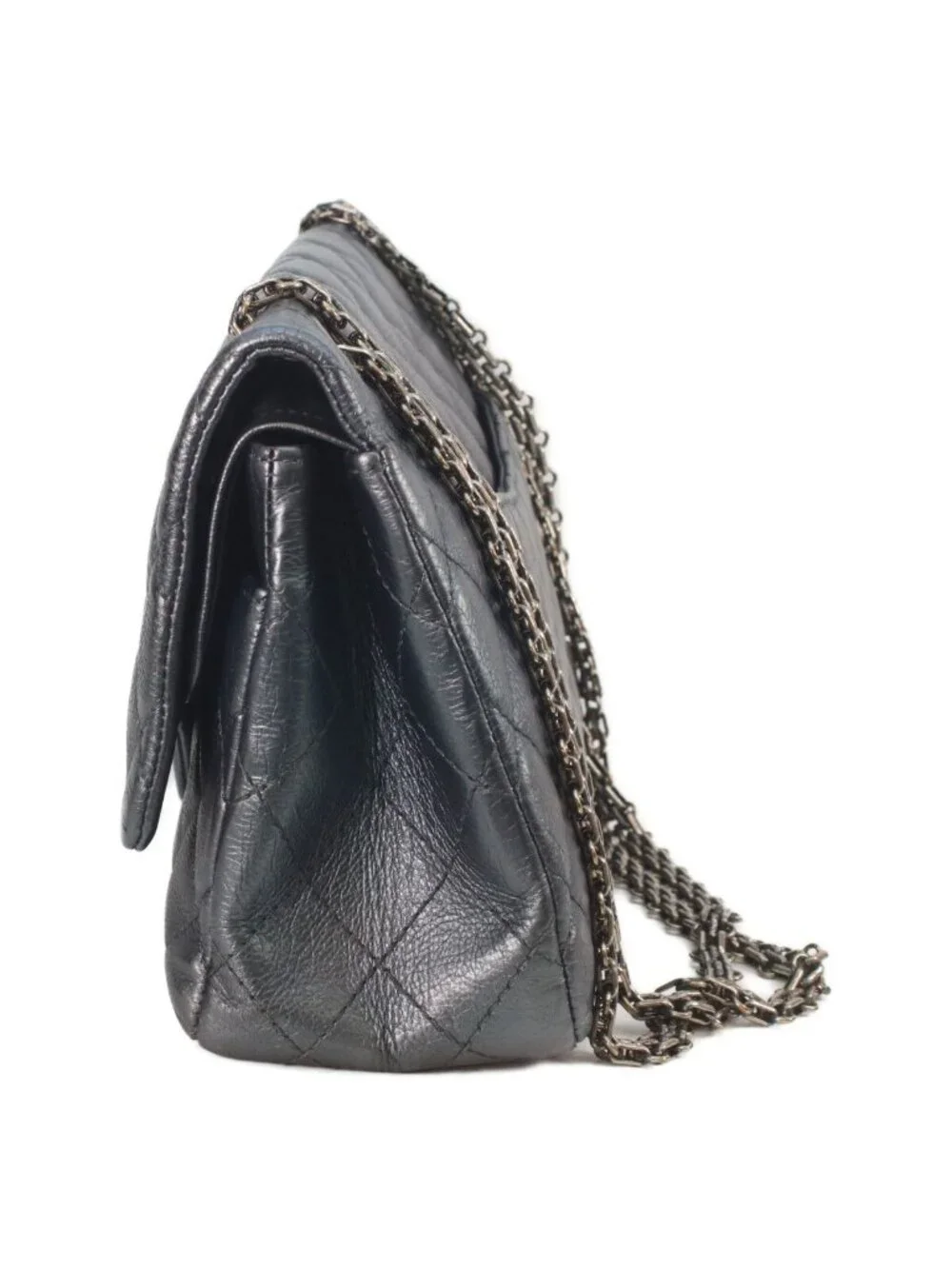 Chanel Metallic Blue Gray Vintage Calf Silver Quilted 2.55 Large Chain Handbag